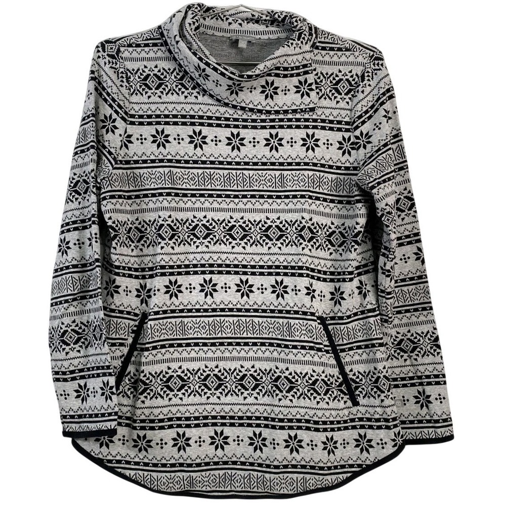T by Talbots Sweater Womens Medium Gray Fair Isle Cowl Neck Kangaroo Pocket